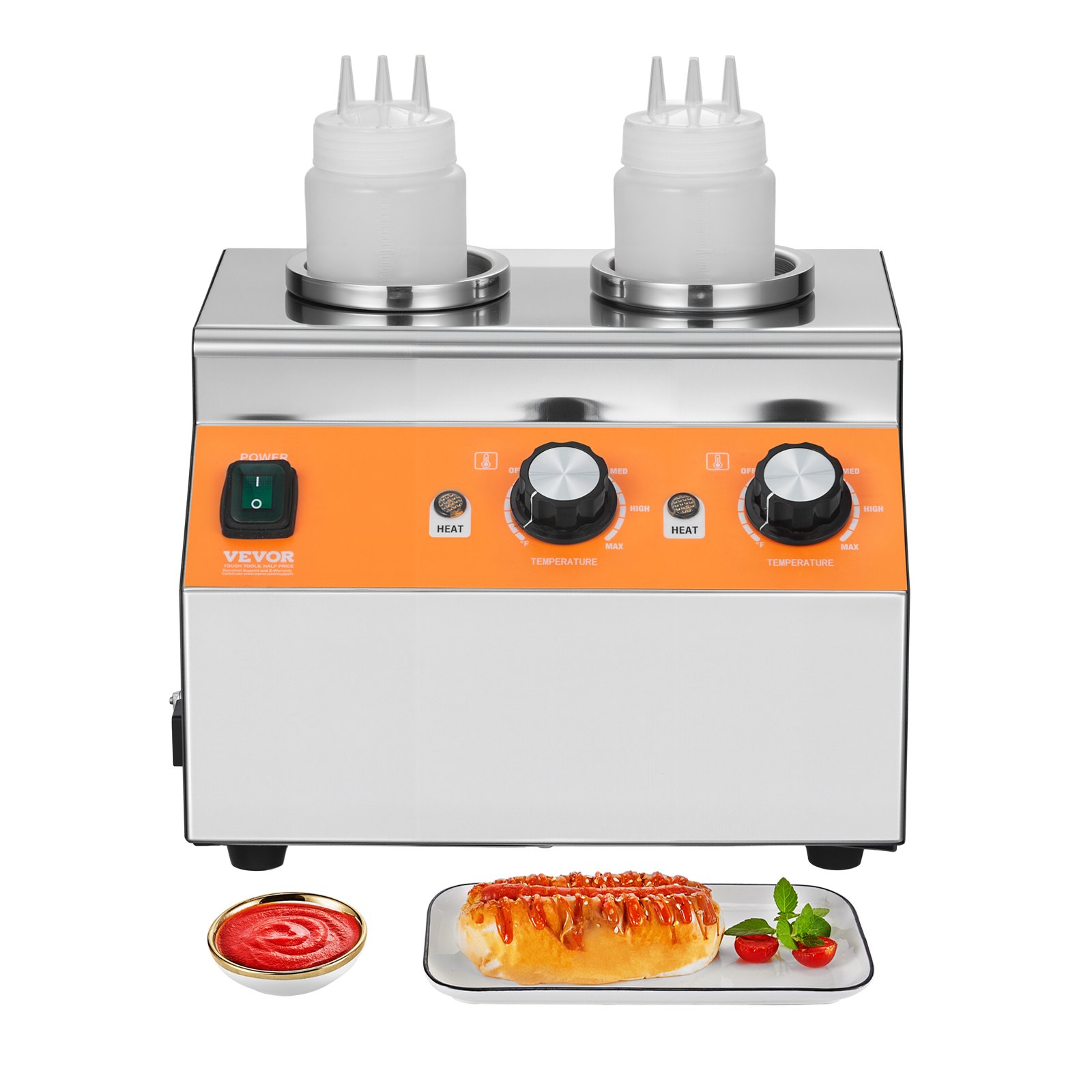 VEVOR Electric Bottle Warmer with Bottles, 0.8x2 LCommercial Cheese Dispenser, Hot Fudge Warmer 86-185℉ Temp Adjustable, Plastic Double Bottles Nacho Cheese Warmer, for Hot Fudge Cheese Caramel