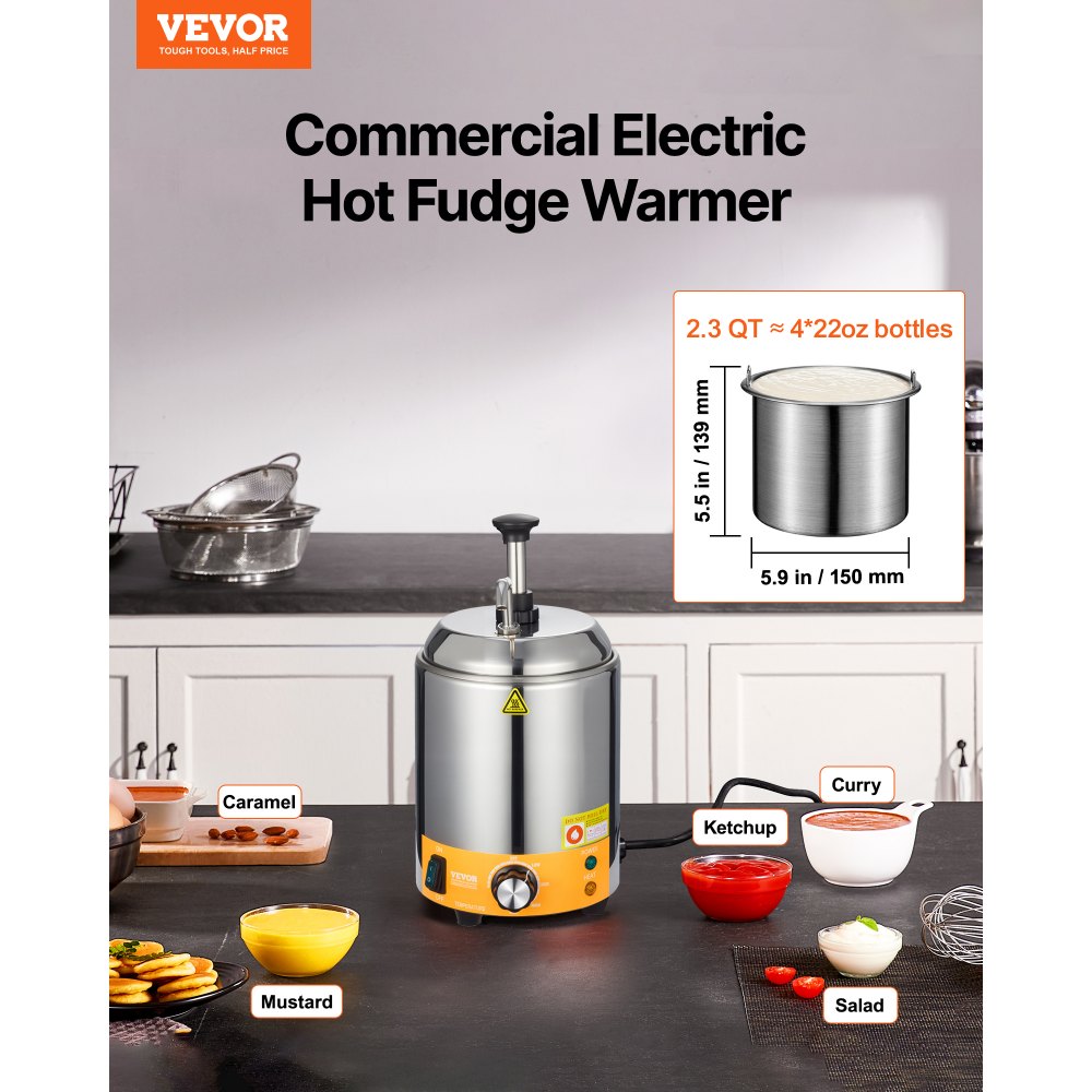 VEVOR Electric Cheese Dispenser with Pump, 2.4L Commercial Hot Fudge Warmer, Stainless Steel Pump Dispenser, 86-230℉ Temp Adjustable Nacho Cheese Sauce Warmer, for Hot Fudge Cheese Caramel