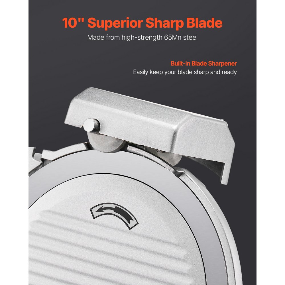 VEVOR Commercial Meat Slicer, 10 inch Electric Deli Food Slicer, 180W Meat Cutter with a Premium 65Mn Blade, 0-0.4 inch Adjustable Thickness, Food Slicer Machine for Meat Vegetables Hard Bread Cheese