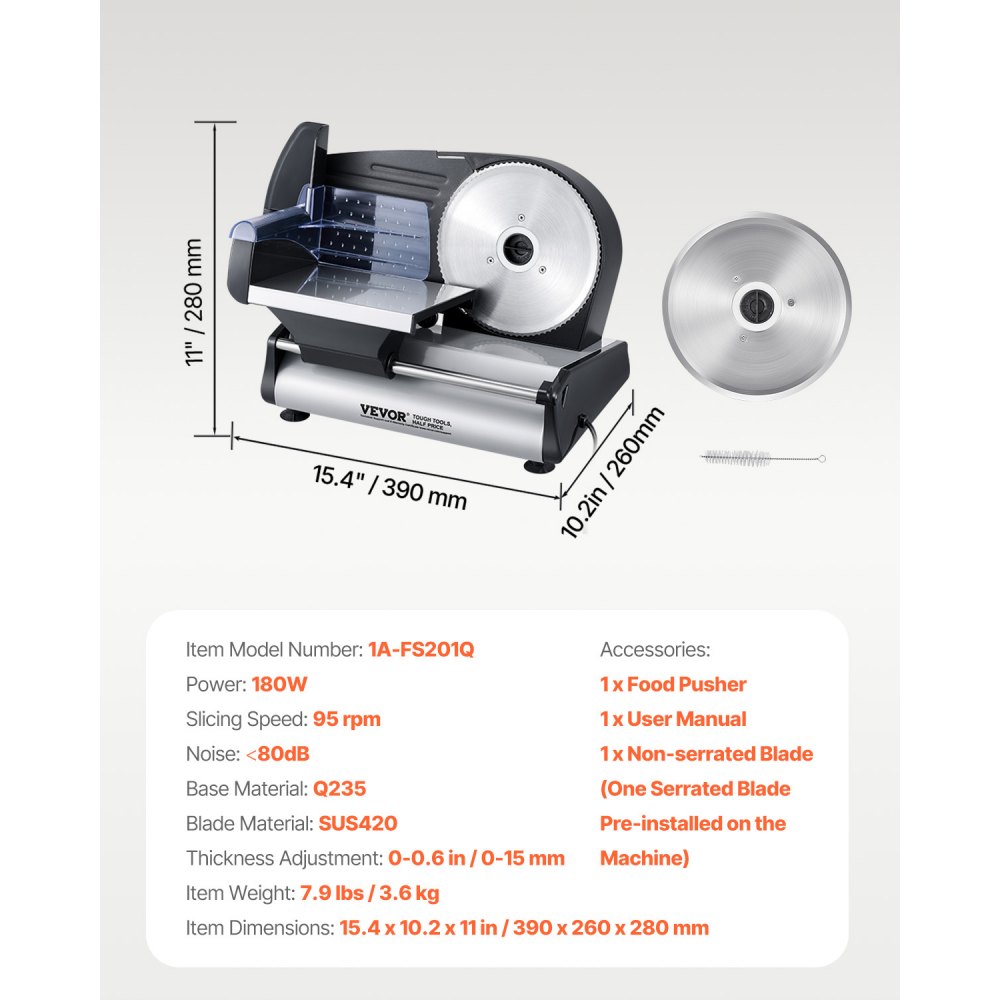 VEVOR Meat Slicer, 7.5 inch Electric Deli Food Slicer, 180W Meat Cutter with two Premium SUS420 Blades, 0-0.6 inch Adjustable Thickness, Food Slicer Machine for Meat, Hard Bread and Cheese, Home Use