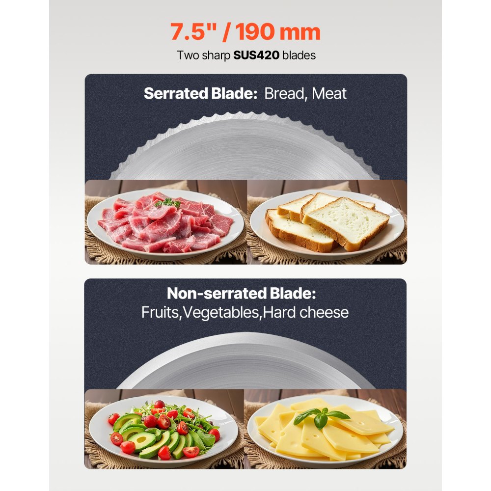 VEVOR Meat Slicer, 7.5 inch Electric Deli Food Slicer, 180W Meat Cutter with two Premium SUS420 Blades, 0-0.6 inch Adjustable Thickness, Food Slicer Machine for Meat, Hard Bread and Cheese, Home Use