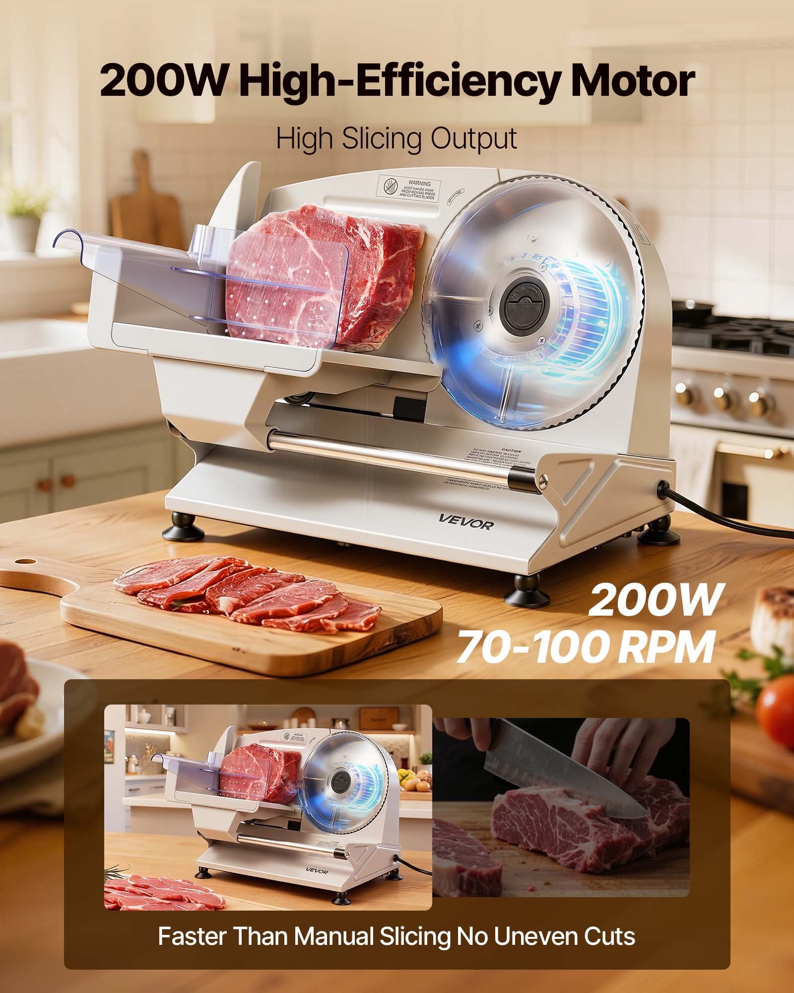 VEVOR Meat Slicer, Electric Deli Slicer with Two 190mm SUS420 Blades & 0-15mm Adjustable Thickness, 200W Home Food-Slicer for Frozen Meat, Ham, Baguett, Steak