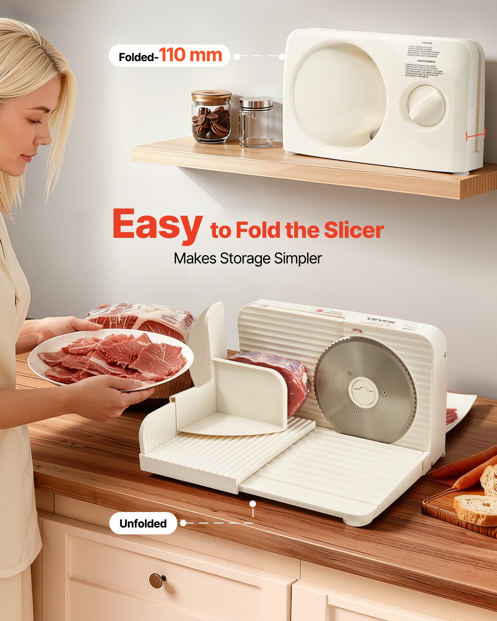 VEVOR Meat Slicer, 180W Electric Deli Slicer Machine with 170 mm Sharp Blade, Home Meat-Slicer with 60-90 RPM Slicing Speed, 0-15 mm Adjustable Thickness, for Frozen Meat, Ham, Baguett & Prime Steak