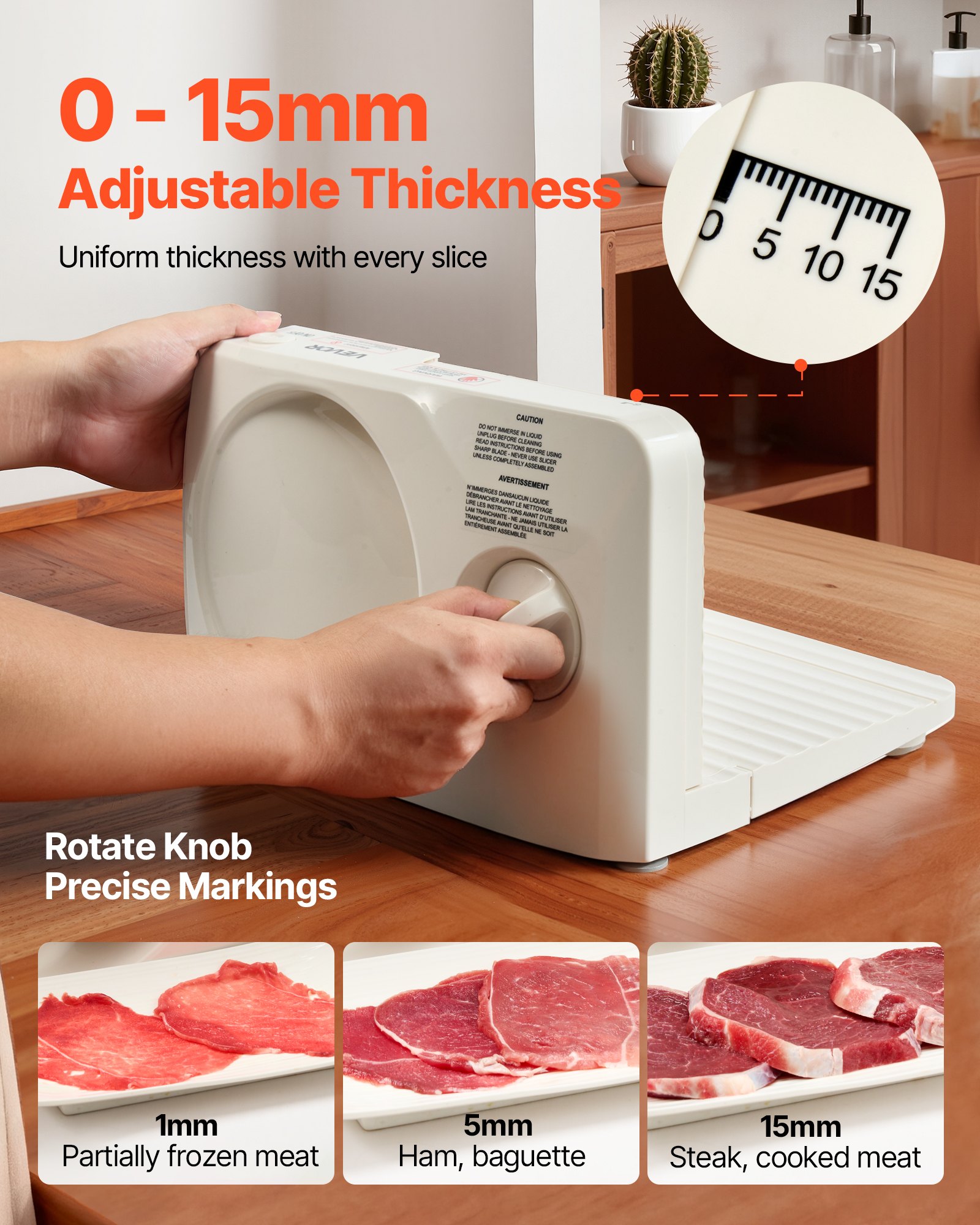 VEVOR Meat Slicer, 180W Electric Deli Slicer Machine with 170 mm Sharp Blade, Home Meat-Slicer with 60-90 RPM Slicing Speed, 0-15 mm Adjustable Thickness, for Frozen Meat, Ham, Baguett & Prime Steak