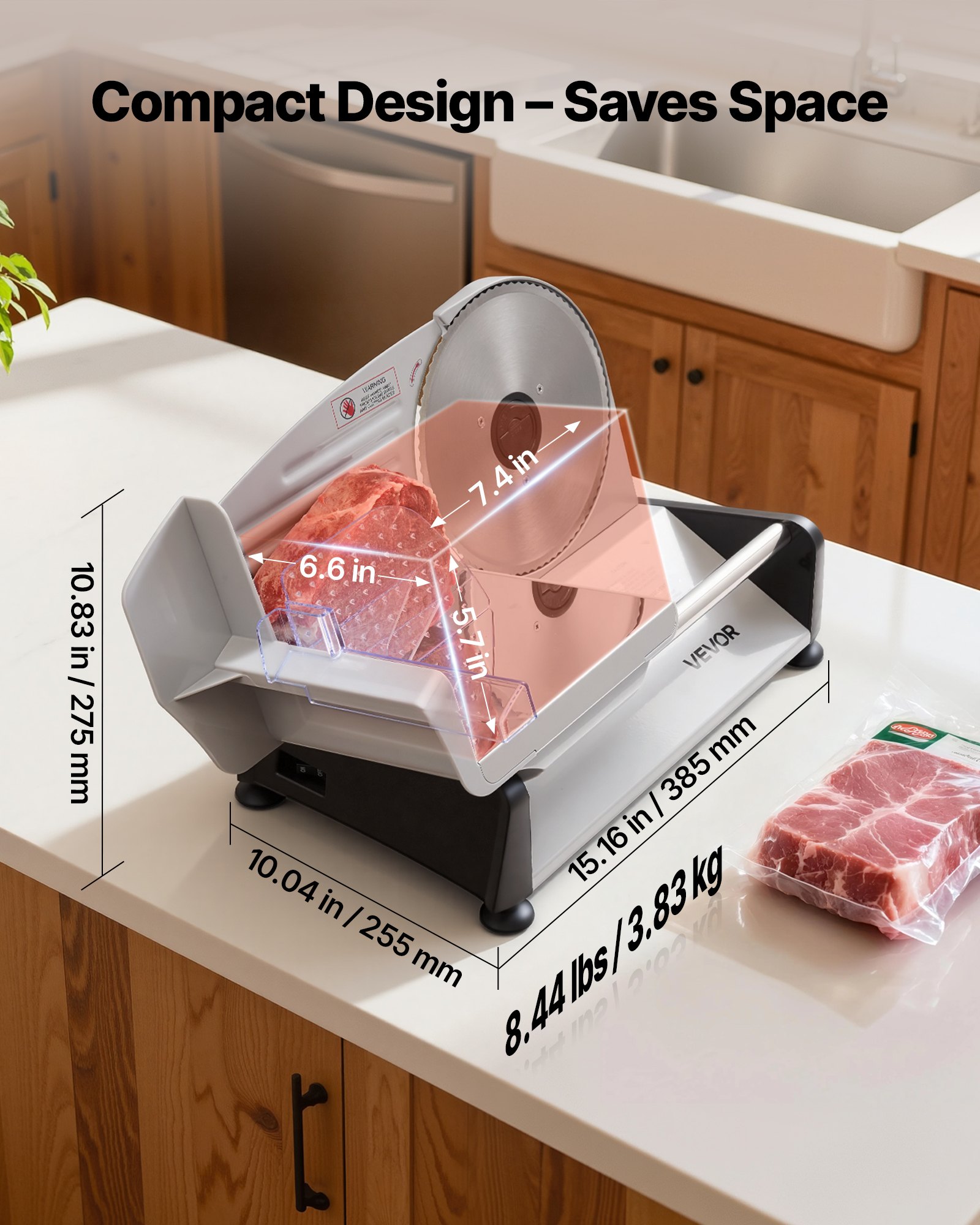 VEVOR Meat Slicer, 200W Electric Deli Slicer Machine with 190 mm Sharp Blade, Home Meat-Slicer with 70-100 RPM Slicing Speed, 0-15 mm Adjustable Thickness, for Frozen Meat, Ham, Baguett & Prime Steak