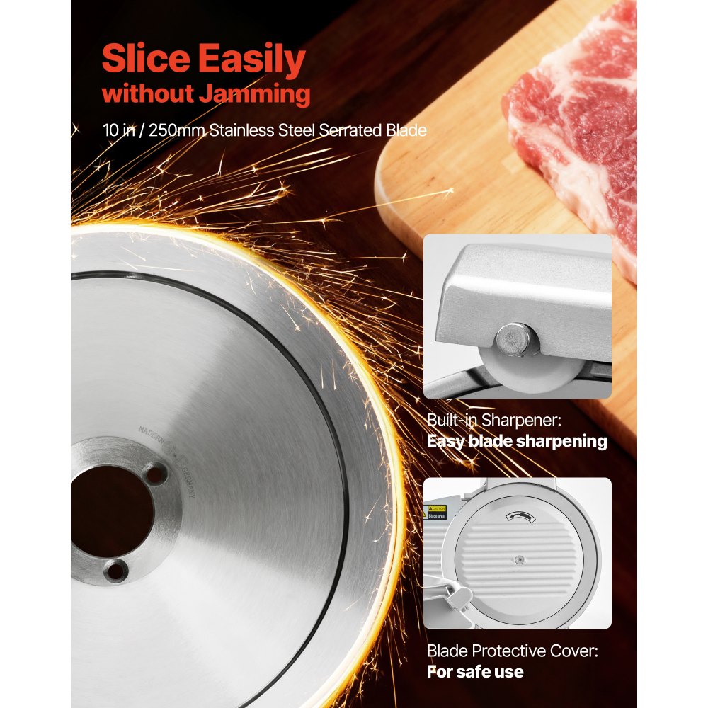 VEVOR Commercial Meat Slicer, 320W Electric Deli Slicer Machine with 250 mm Sharp Blade, Meat-Slicer with 450 RPM Slicing Speed, 0-10 mm Adjustable Thickness, for Frozen Meat, Ham, Baguett & Steak