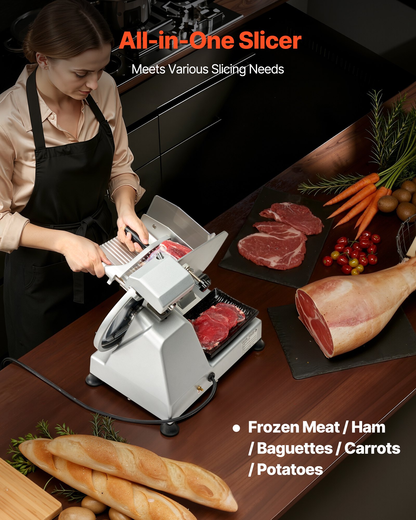 VEVOR Commercial Meat Slicer, 320W Electric Deli Slicer Machine with 250 mm Sharp Blade, Meat-Slicer with 450 RPM Slicing Speed, 0-10 mm Adjustable Thickness, for Frozen Meat, Ham, Baguett & Steak