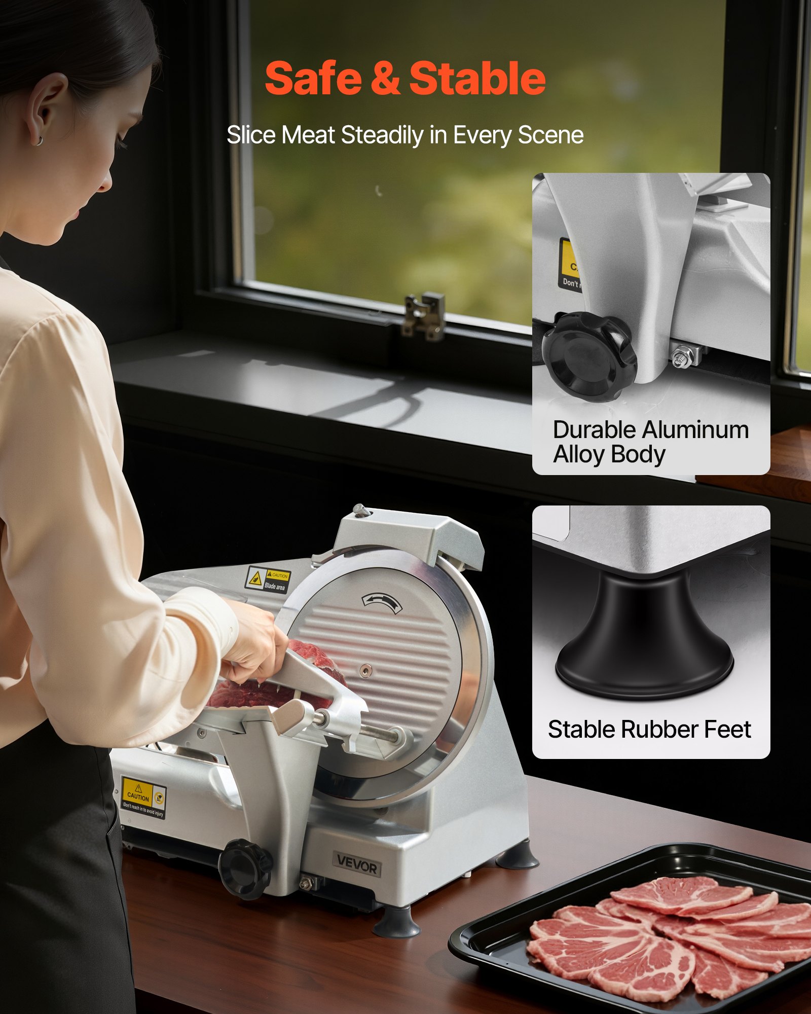 VEVOR Commercial Meat Slicer, 320W Electric Deli Slicer Machine with 250 mm Sharp Blade, Meat-Slicer with 450 RPM Slicing Speed, 0-10 mm Adjustable Thickness, for Frozen Meat, Ham, Baguett & Steak