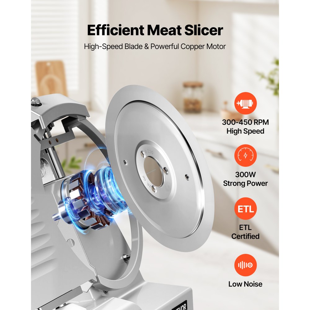 VEVOR Commercial Meat Slicer, 300W Electric Cutter, Removable 25cm Carbon Steel Blade and Food Tray, 0-12mm Adjustable Thickness Food Slicer Machine,for Frozen Meat, Ham, Baguett, Steak, ETL Approved
