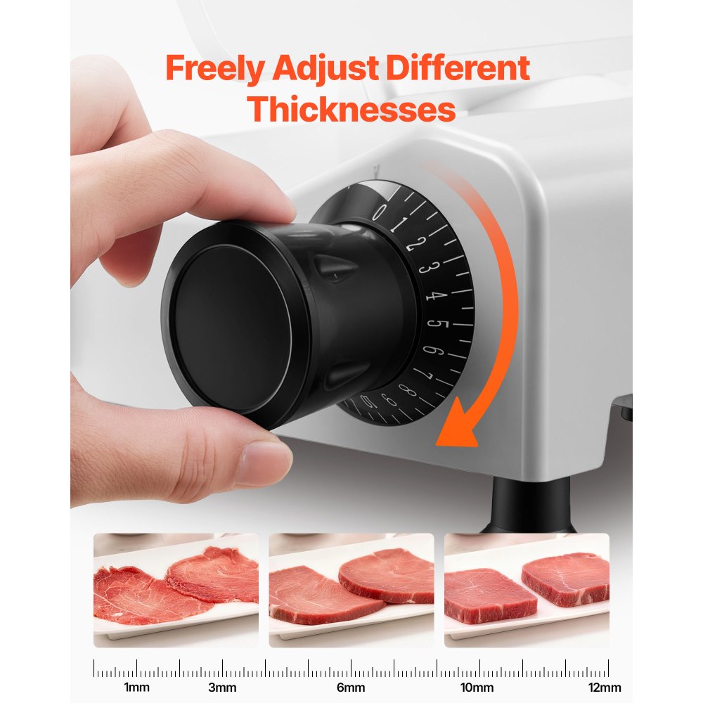 VEVOR Commercial Meat Slicer, 300W Electric Cutter, Removable 25cm Carbon Steel Blade and Food Tray, 0-12mm Adjustable Thickness Food Slicer Machine,for Frozen Meat, Ham, Baguett, Steak, ETL Approved