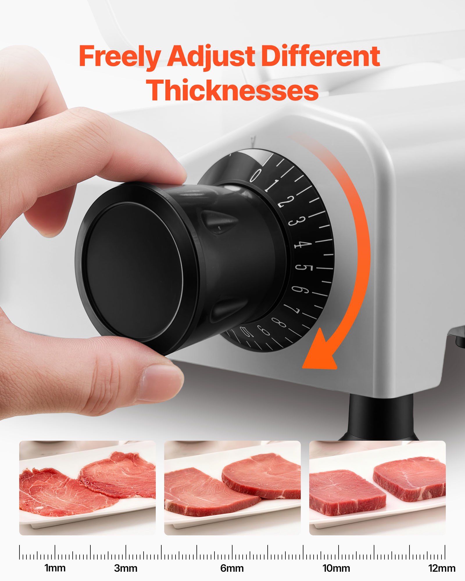 VEVOR Commercial Meat Slicer, 300W Electric Cutter, Removable 25cm Carbon Steel Blade and Food Tray, 0-12mm Adjustable Thickness Food Slicer Machine,for Frozen Meat, Ham, Baguett, Steak, ETL Approved