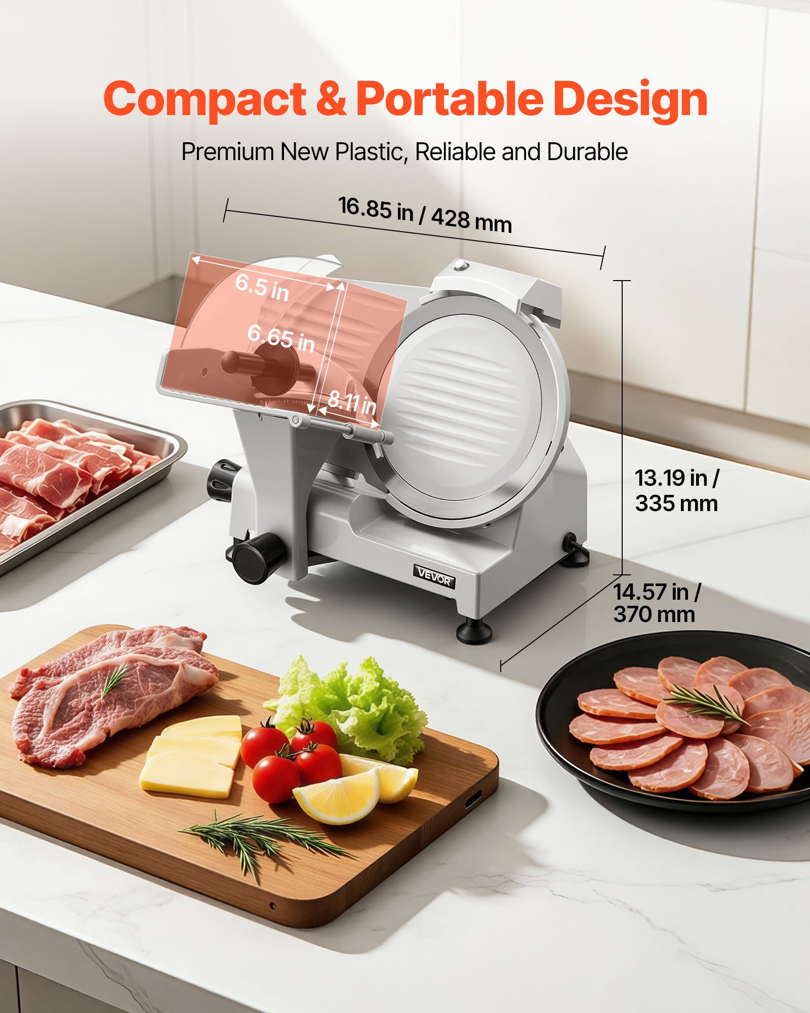 VEVOR Commercial Meat Slicer, 300W Electric Cutter, Removable 25cm Carbon Steel Blade and Food Tray, 0-12mm Adjustable Thickness Food Slicer Machine,for Frozen Meat, Ham, Baguett, Steak, ETL Approved