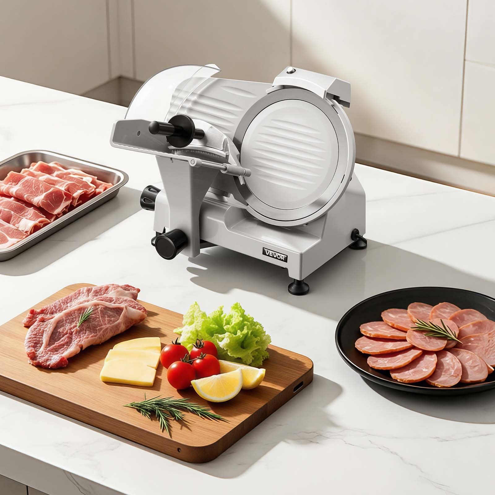 VEVOR Commercial Meat Slicer, 300W Electric Cutter, Removable 25cm Carbon Steel Blade and Food Tray, 0-12mm Adjustable Thickness Food Slicer Machine,for Frozen Meat, Ham, Baguett, Steak, ETL Approved