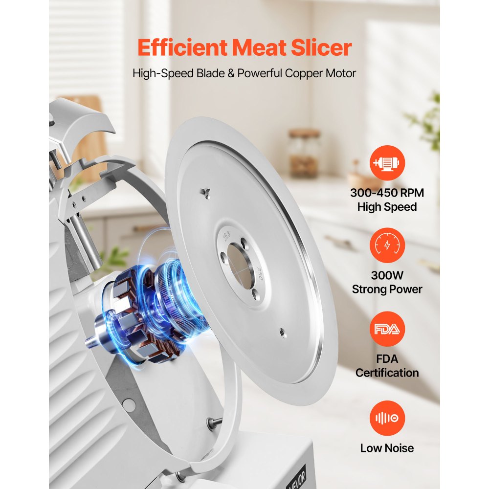 VEVOR Commercial Meat Slicer, 300W Electric Cutter, Removable 25cm Carbon Steel Blade and Food Tray, 0-12mm Adjustable Thickness Food Slicer Machine,for Frozen Meat, Ham, Baguett, Steak, ETL Approved