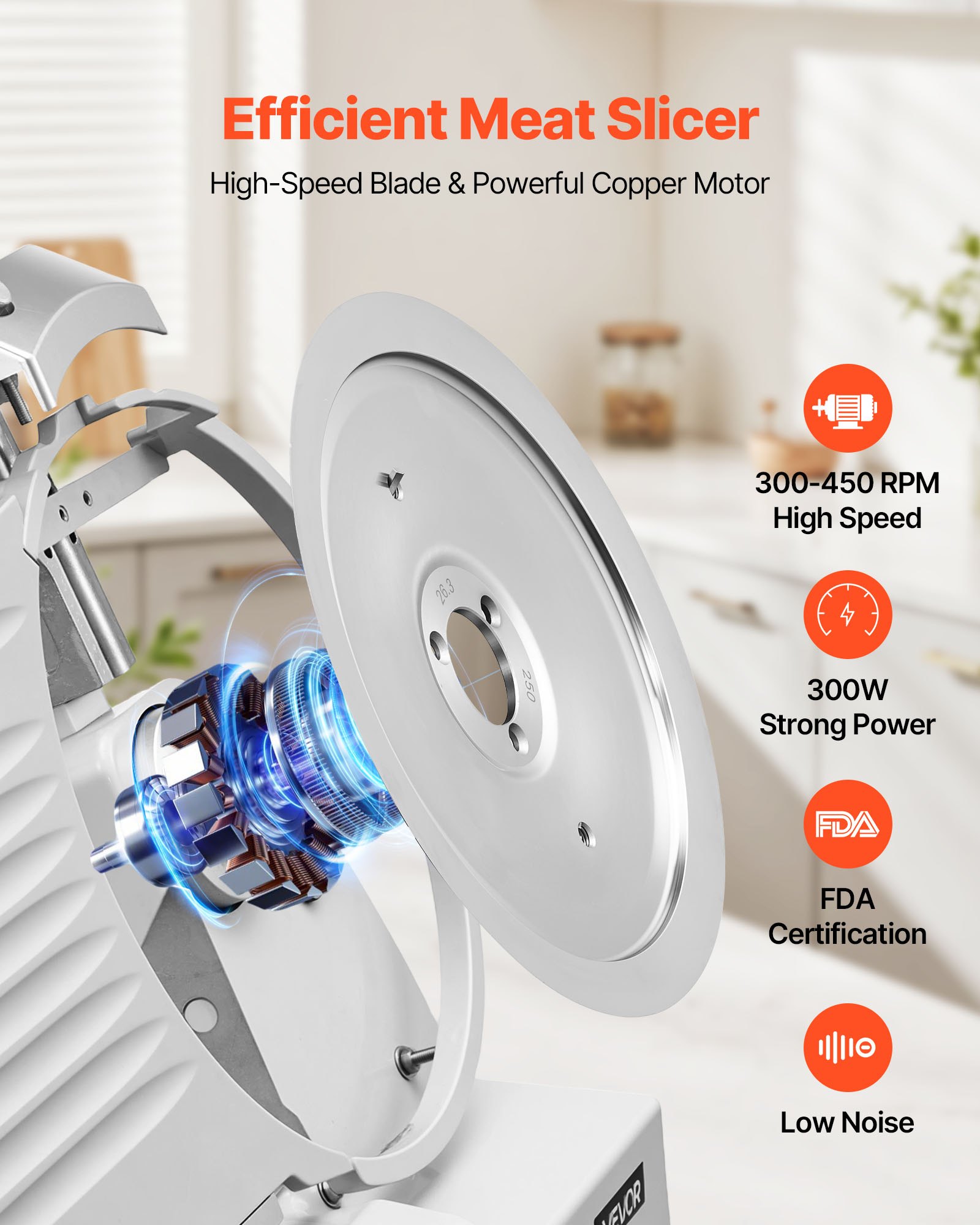 VEVOR Commercial Meat Slicer, 300W Electric Cutter, Removable 25cm Carbon Steel Blade and Food Tray, 0-12mm Adjustable Thickness Food Slicer Machine,for Frozen Meat, Ham, Baguett, Steak, ETL Approved