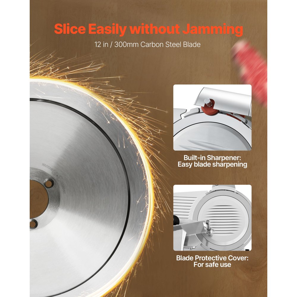 VEVOR Commercial Meat Slicer, 400W Electric Cutter, Removable 30cm Carbon Steel Blade and Food Tray, 0-15mm Adjustable Thickness Food Slicer Machine, for Frozen Meat, Ham, Baguett, Steak, ETL Approved