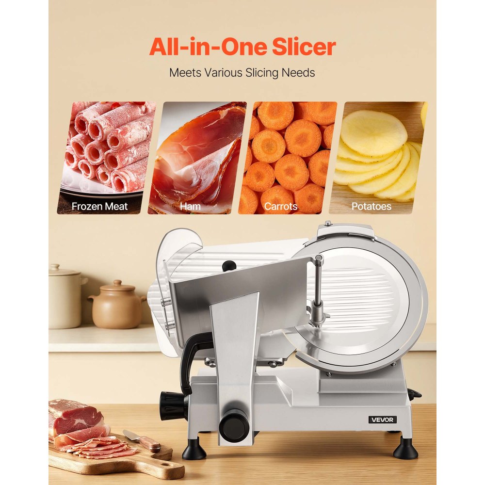 VEVOR Commercial Meat Slicer, 400W Electric Cutter, Removable 30cm Carbon Steel Blade and Food Tray, 0-15mm Adjustable Thickness Food Slicer Machine, for Frozen Meat, Ham, Baguett, Steak, ETL Approved
