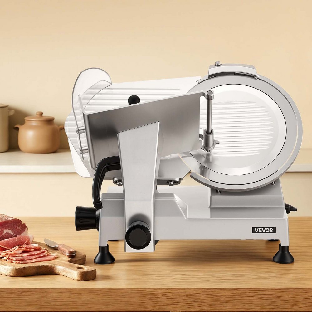 VEVOR Commercial Meat Slicer, 400W Electric Cutter, Removable 30cm Carbon Steel Blade and Food Tray, 0-15mm Adjustable Thickness Food Slicer Machine, for Frozen Meat, Ham, Baguett, Steak, ETL Approved