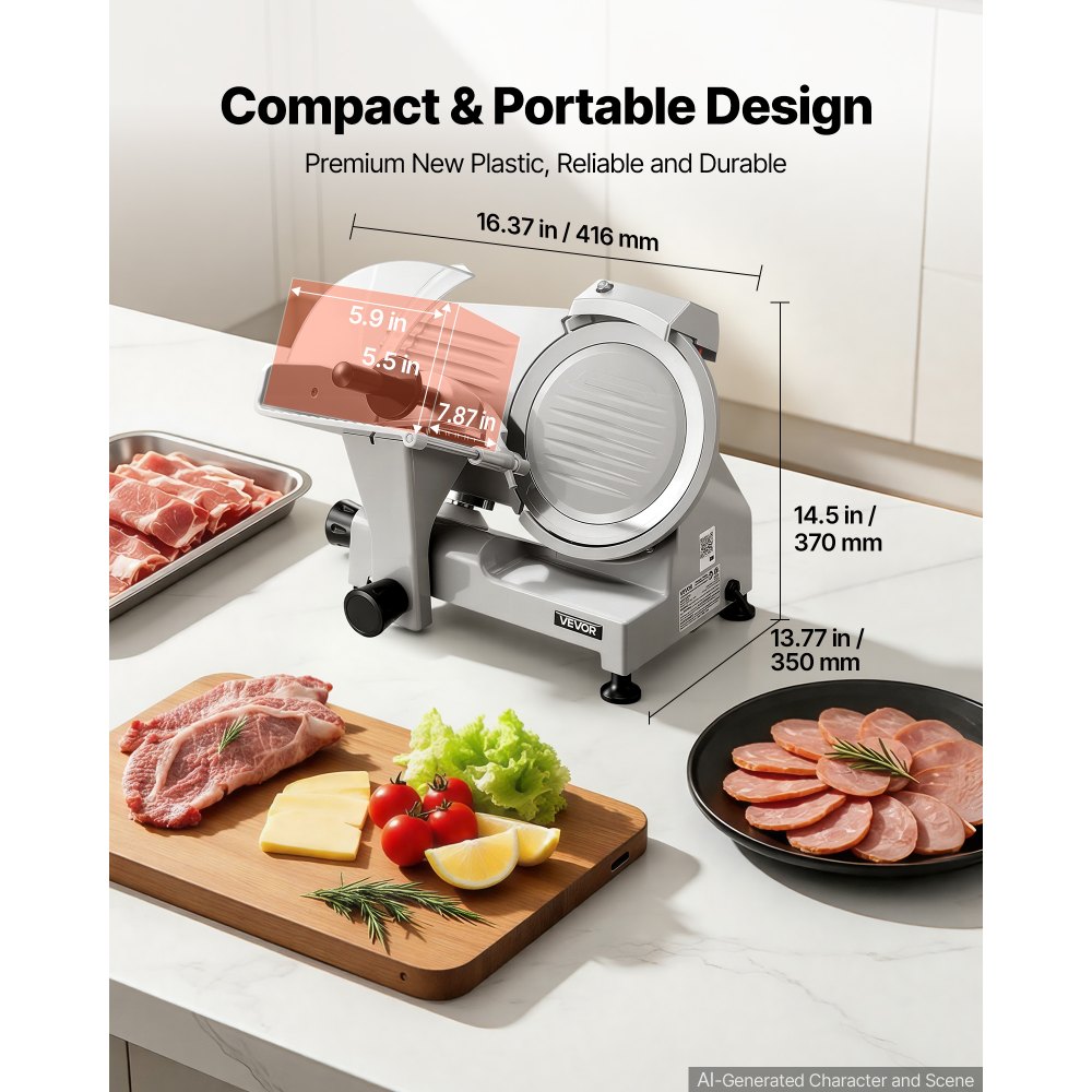 VEVOR Commercial Meat Slicer 300W Electric Cutter 22cm Carbon Steel Blade, Food Slicer Machine with Removable Blade and Food Tray, 0-12mm Adjustable Thickness ,for Frozen Meat, Ham, Baguett, Steak