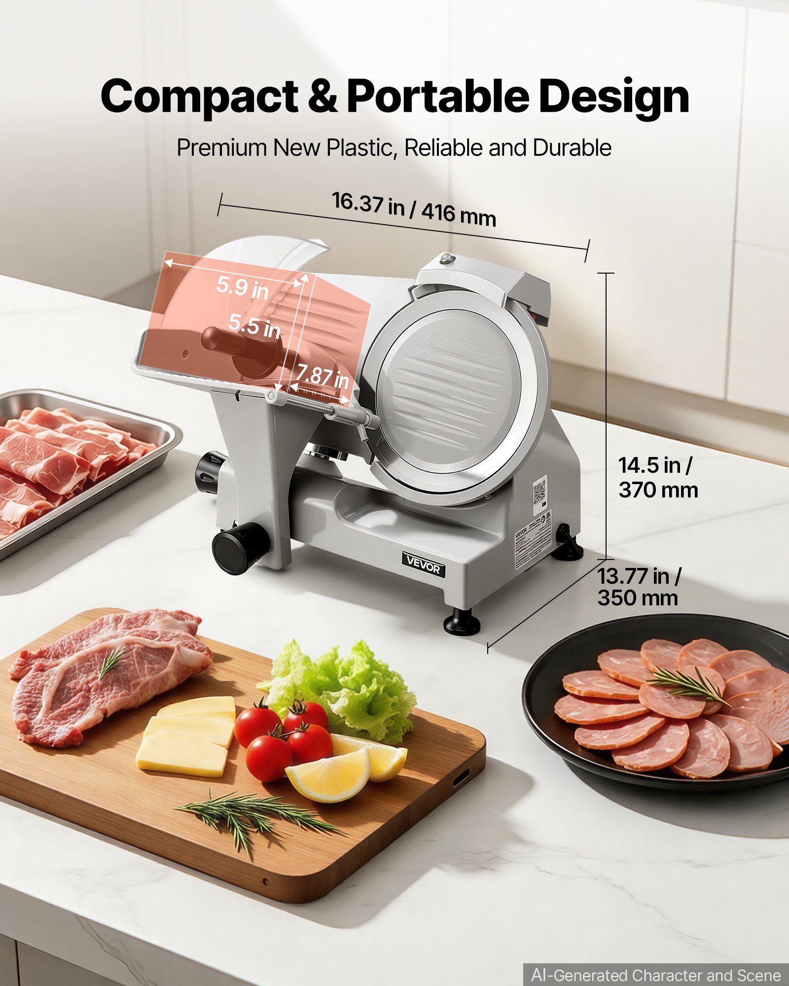 VEVOR Commercial Meat Slicer 300W Electric Cutter 22cm Carbon Steel Blade, Food Slicer Machine with Removable Blade and Food Tray, 0-12mm Adjustable Thickness ,for Frozen Meat, Ham, Baguett, Steak
