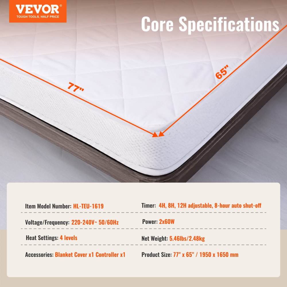 VEVOR Heated Mattress Pad, 195 x 165 cm, Queen Electric Bed Warmer with 4 Heat Settings Control, 12-Hour Timer, 8-Hour Auto Off,All Around Elastic Pocket Brushed Fabric Electric Mattress Sheets