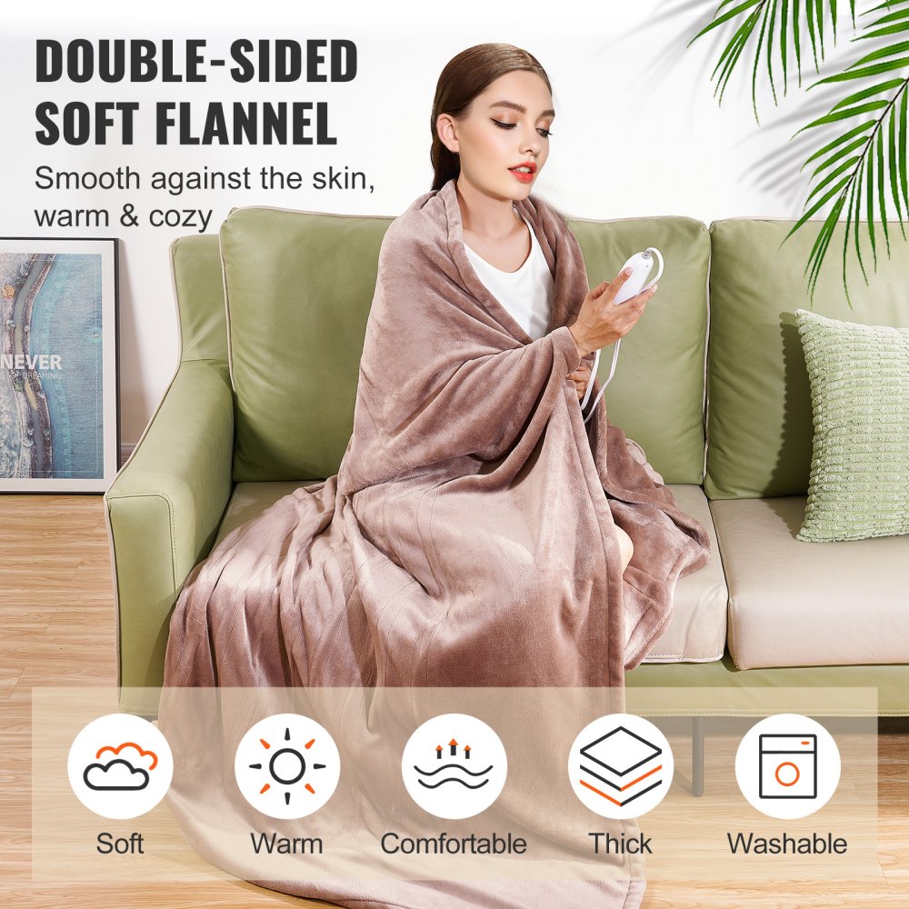 VEVOR Heated Blanket Electric Throw, 100" x 90" King Size, Soft Flannel Heating Blanket with 10 Hours Timer Auto-off & 5 Heating Levels, Dual Control, Machine Washable, ETL & FCC Certification (Beige)