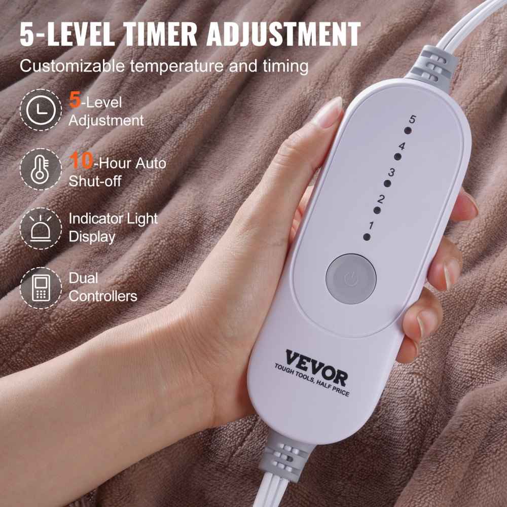 VEVOR Heated Blanket Electric Throw, 100" x 90" King Size, Soft Flannel Heating Blanket with 10 Hours Timer Auto-off & 5 Heating Levels, Dual Control, Machine Washable, ETL & FCC Certification (Beige)