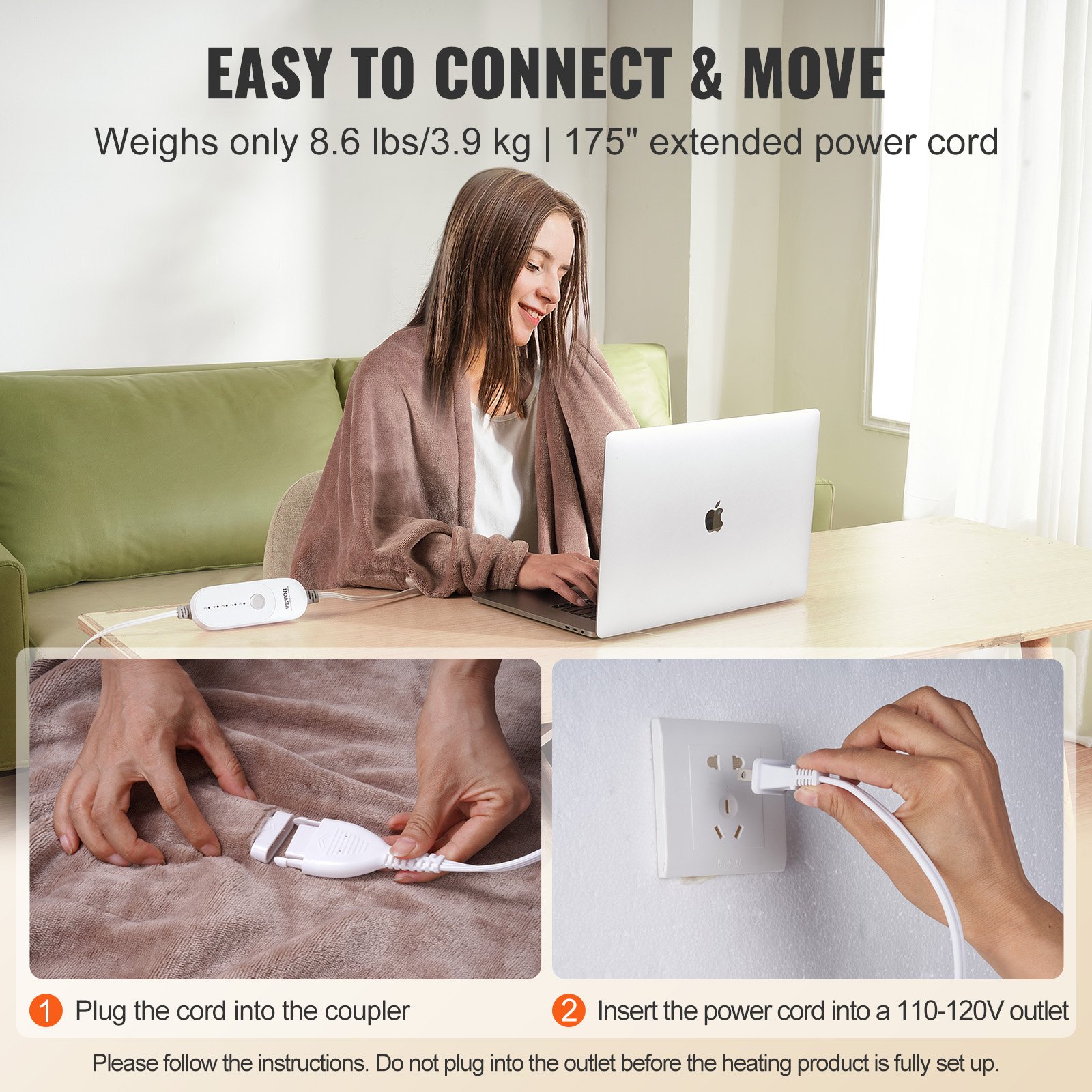 VEVOR Heated Blanket Electric Throw, 100" x 90" King Size, Soft Flannel Heating Blanket with 10 Hours Timer Auto-off & 5 Heating Levels, Dual Control, Machine Washable, ETL & FCC Certification (Beige)