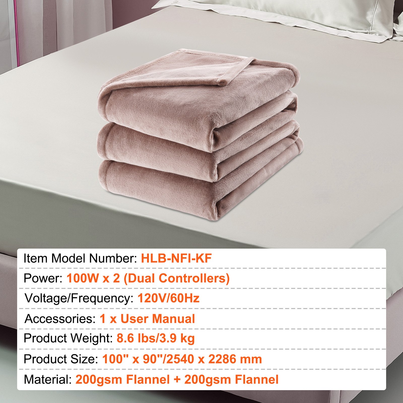 VEVOR Heated Blanket Electric Throw, 100" x 90" King Size, Soft Flannel Heating Blanket with 10 Hours Timer Auto-off & 5 Heating Levels, Dual Control, Machine Washable, ETL & FCC Certification (Beige)