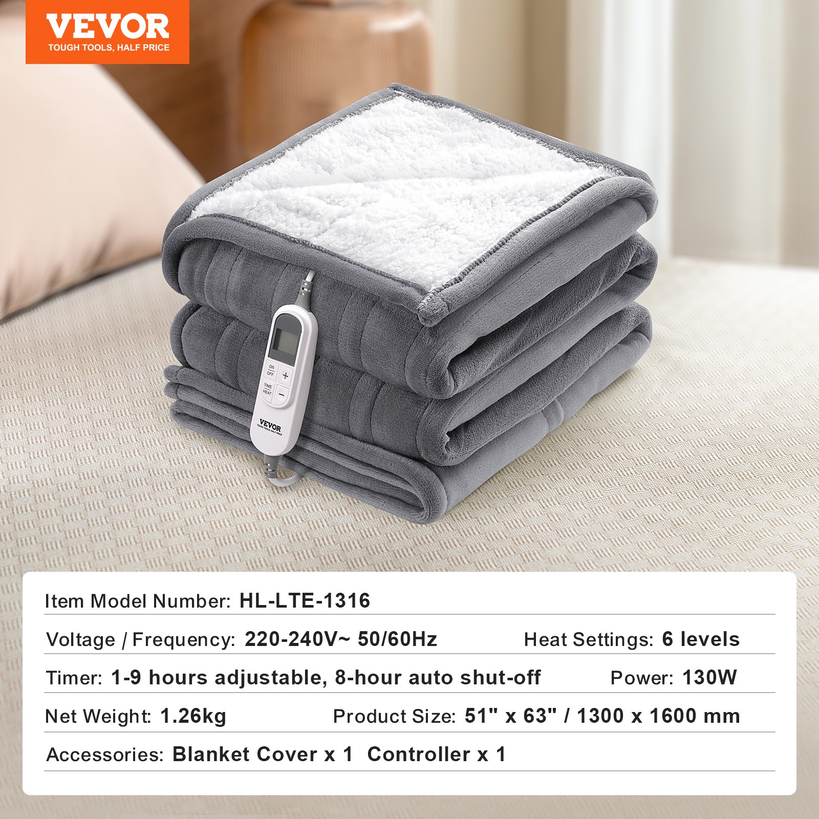 VEVOR Heated Blanket, 130 x 160 cm Electric Throw Soft Flannel Lambswool Electric Blanket, Heating Blanket with 9 Time Setting & 6 Heat Setting,Warm Blanket Gift for Birthday,Friends,Grandma (Grey)