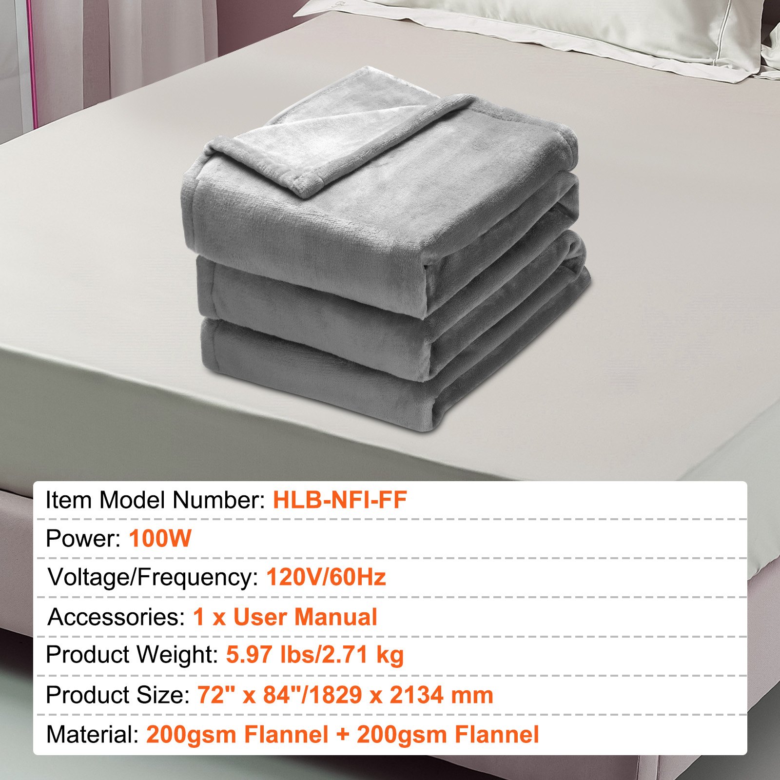 VEVOR Heated Blanket Electric Throw, 72" x 84" Full Size, Soft Flannel Heating Blanket with 10 Hours Timer Auto-off & 5 Heating Levels for Couch Sofa, Machine Washable, ETL & FCC Certification (Grey)