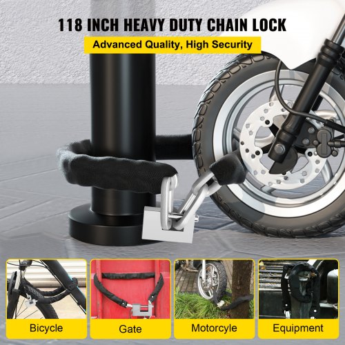 VEVOR Heavy Duty Chain Lock, 118" Long Chain Security Chain and Lock Kit, 0.4" Premium Case-Hardened Chain Pure Brass Lock Core with 3 Keys, Fit for Motorcycle, Generator, Gates, Bicycle, Scooter