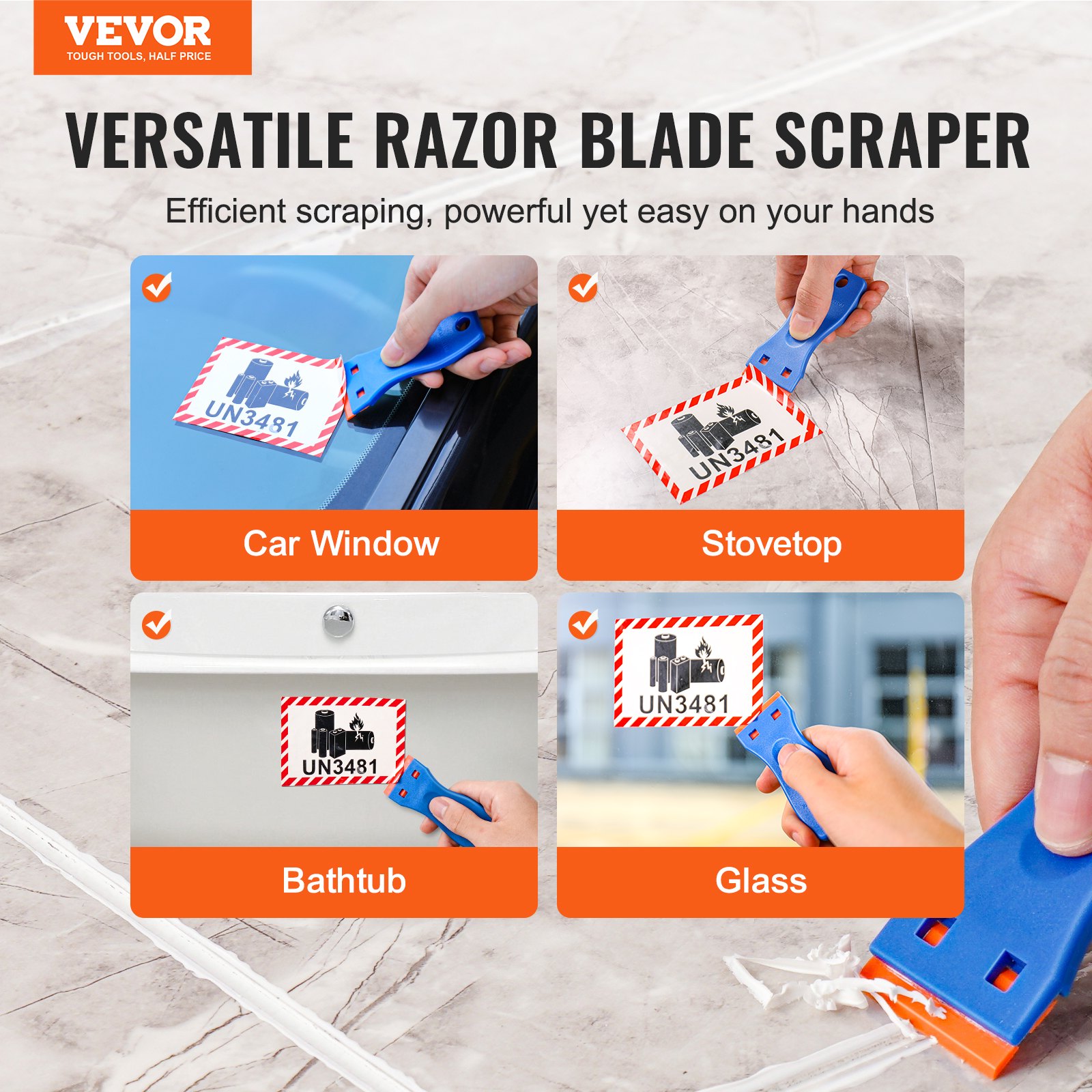 VEVOR Plastic Razor Blade Scraper, 2PCS Scraper Tool, 120PCS Plastic Blades, Cleaning Scraper Remover for Stickers, Decals, Adhesive, Labels, Paint from Glass, Car, Window, Caulk, No Scratches, Blue