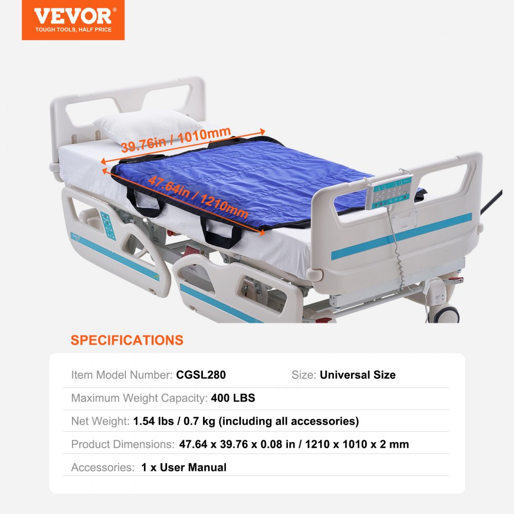 VEVOR Positioning Bed Pad with 8 Reinforced Handles, 48" x 40" Lifting, Turning, Repositioning, Patient Transfer Sheet Washable for Elderly, Patient, Bedridden, 400LBS Capacity