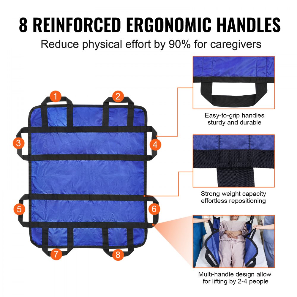VEVOR Positioning Bed Pad with 8 Reinforced Handles, 48" x 40" Lifting, Turning, Repositioning, Patient Transfer Sheet Washable for Elderly, Patient, Bedridden, 400LBS Capacity