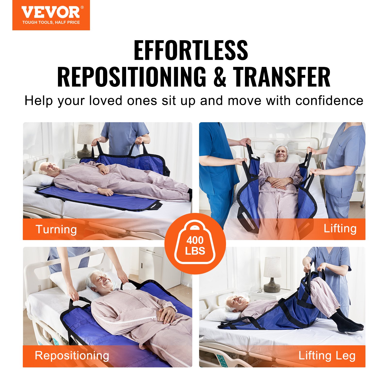 VEVOR Positioning Bed Pad with 8 Reinforced Handles, 48" x 40" Lifting, Turning, Repositioning, Patient Transfer Sheet Washable for Elderly, Patient, Bedridden, 400LBS Capacity