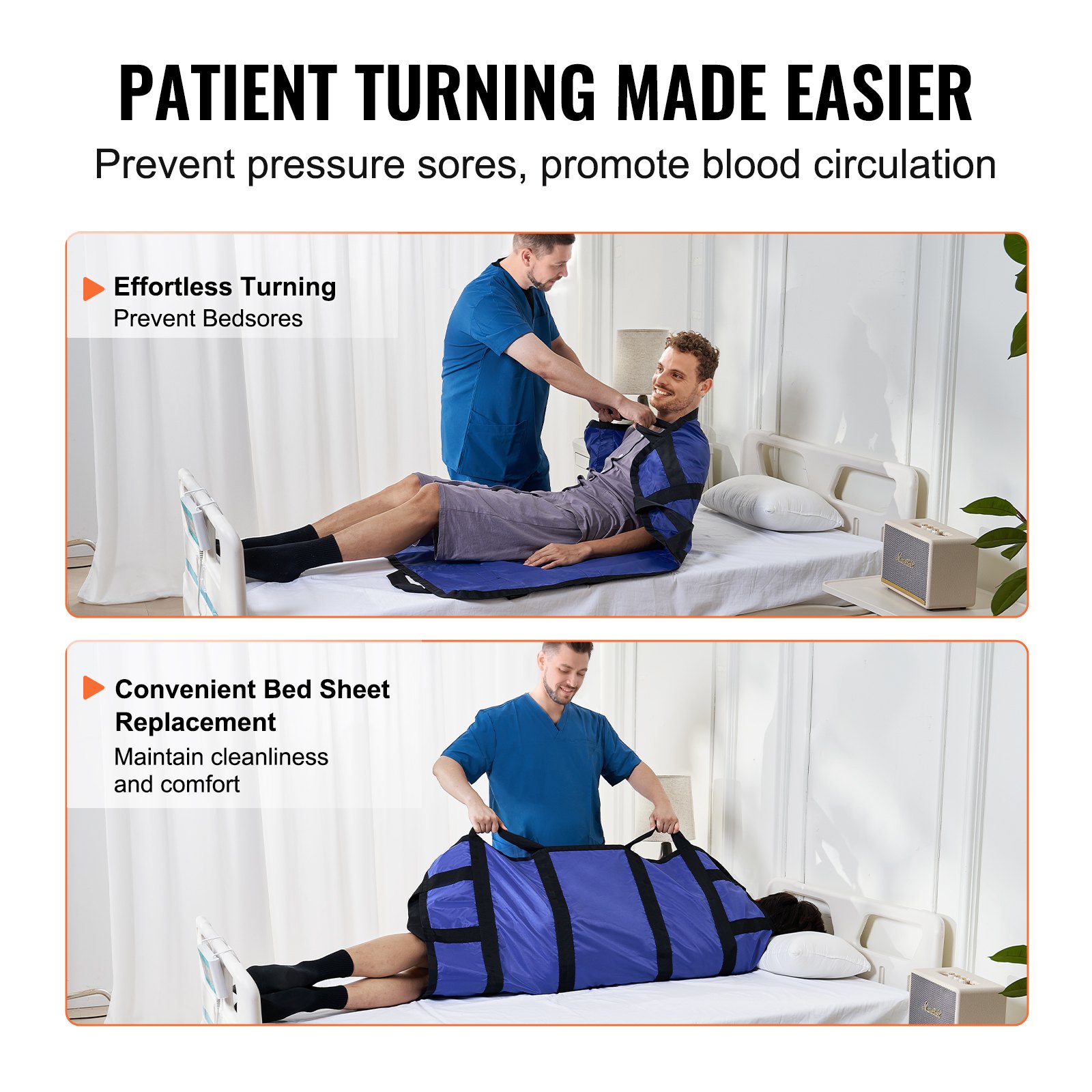 VEVOR Positioning Bed Pad with 8 Reinforced Handles, 48" x 40" Lifting, Turning, Repositioning, Patient Transfer Sheet Washable for Elderly, Patient, Bedridden, 400LBS Capacity