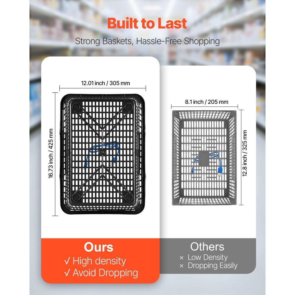 VEVOR Shopping Baskets, 12 PCS, 21L Stackable PE Plastic Grocery Baskets with Handles, Dense Mesh Structure, Holds up to 9.07kg, Portable for Grocery, Retail, Stores, Supermarket, Home Use, Black