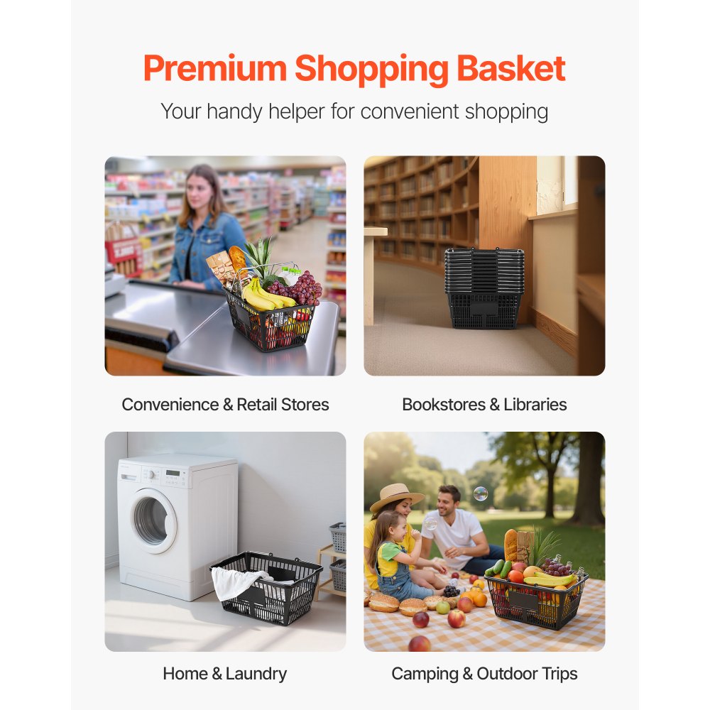 VEVOR Shopping Baskets, 12 PCS, 21L Stackable PE Plastic Grocery Baskets with Handles, Dense Mesh Structure, Holds up to 9.07kg, Portable for Grocery, Retail, Stores, Supermarket, Home Use, Black