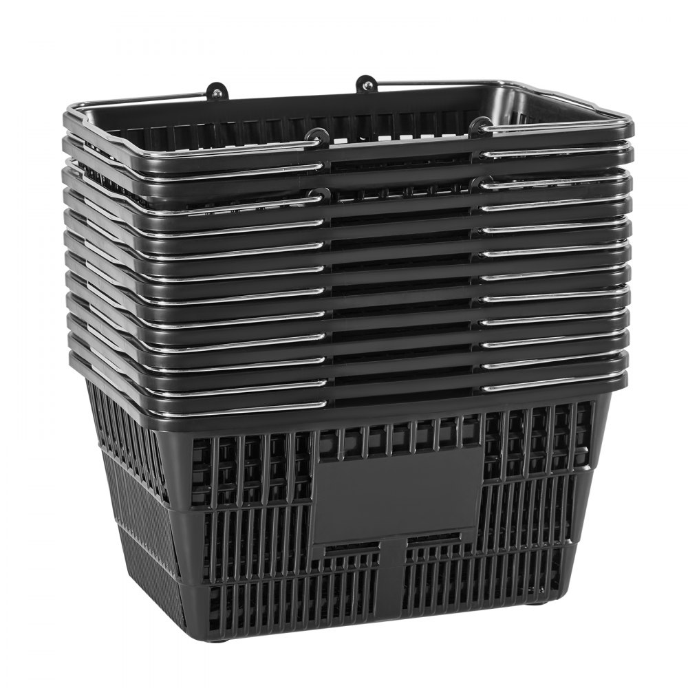 VEVOR Shopping Baskets, 12 PCS, 21L Stackable PE Plastic Grocery Baskets with Handles, Dense Mesh Structure, Holds up to 9.07kg, Portable for Grocery, Retail, Stores, Supermarket, Home Use, Black