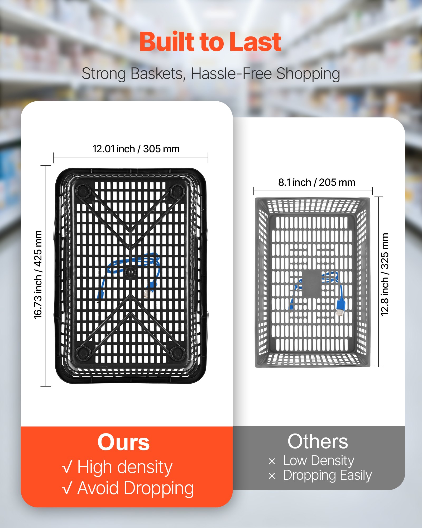 VEVOR Shopping Baskets, 12 PCS, 21L Stackable PE Plastic Grocery Baskets with Handles, Dense Mesh Structure, Holds up to 9.07kg, Portable for Grocery, Retail, Stores, Supermarket, Home Use, Black