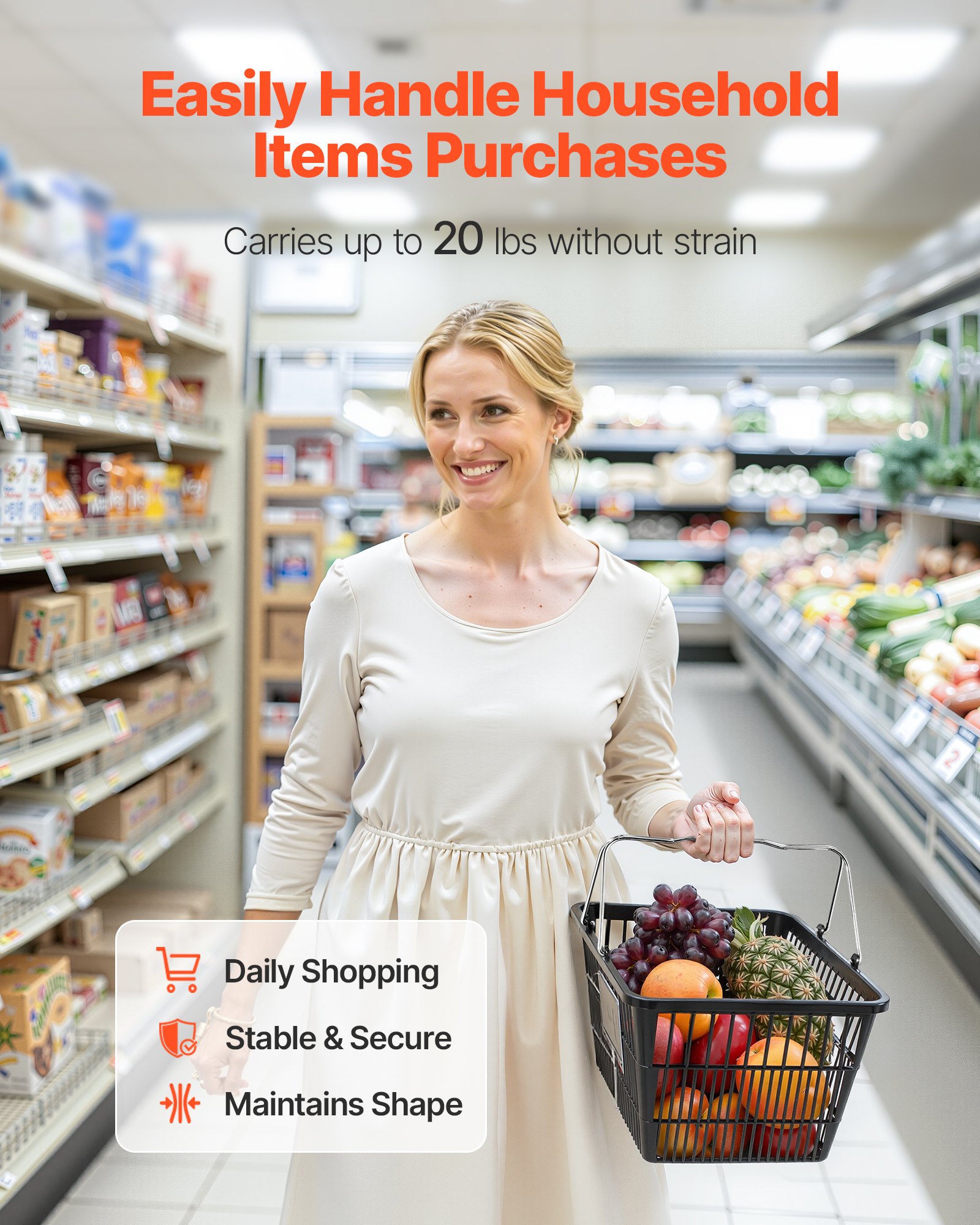 VEVOR Shopping Baskets, 12 PCS, 21L Stackable PE Plastic Grocery Baskets with Handles, Dense Mesh Structure, Holds up to 9.07kg, Portable for Grocery, Retail, Stores, Supermarket, Home Use, Black