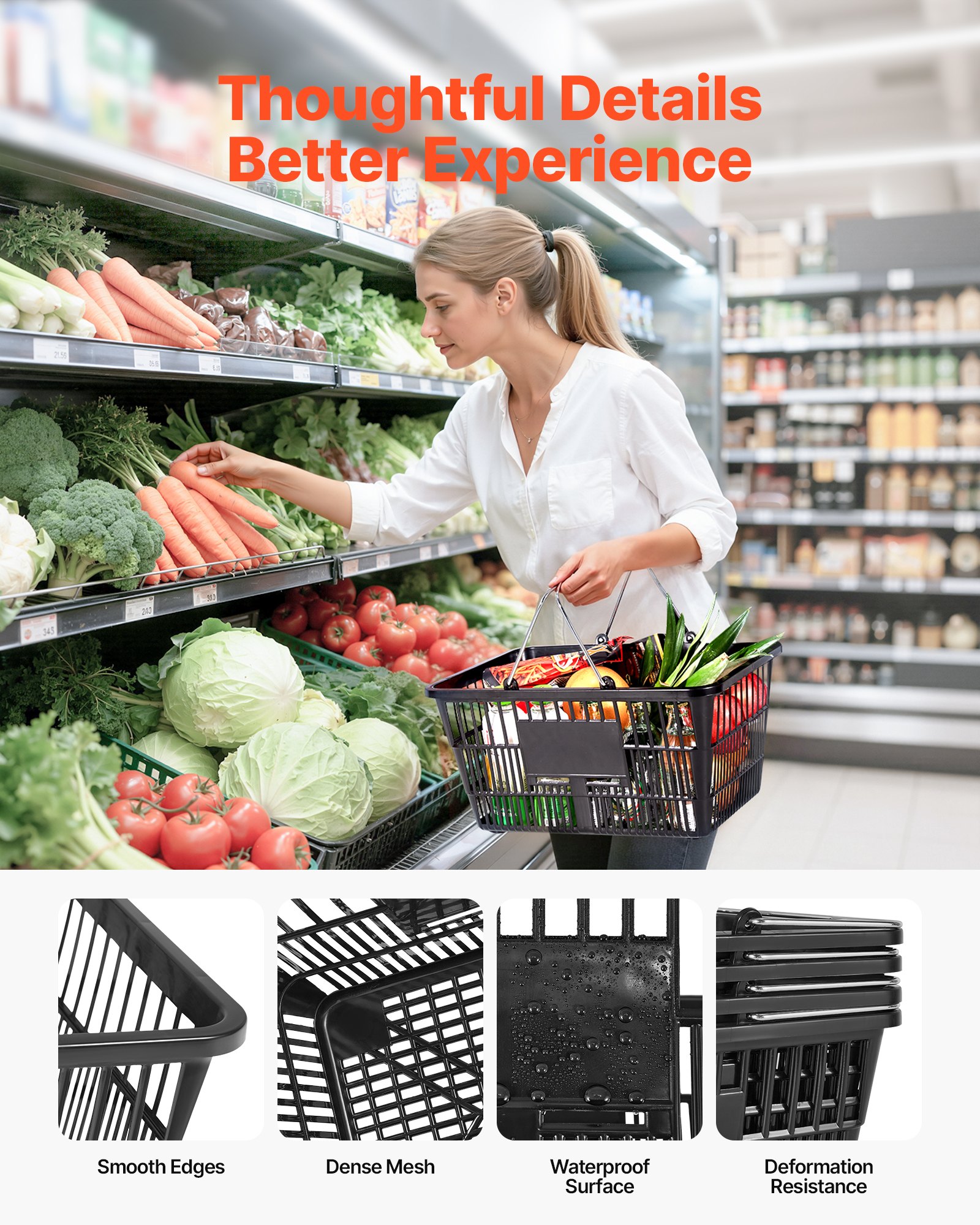 VEVOR Shopping Baskets, 12 PCS, 21L Stackable PE Plastic Grocery Baskets with Handles, Dense Mesh Structure, Holds up to 9.07kg, Portable for Grocery, Retail, Stores, Supermarket, Home Use, Black