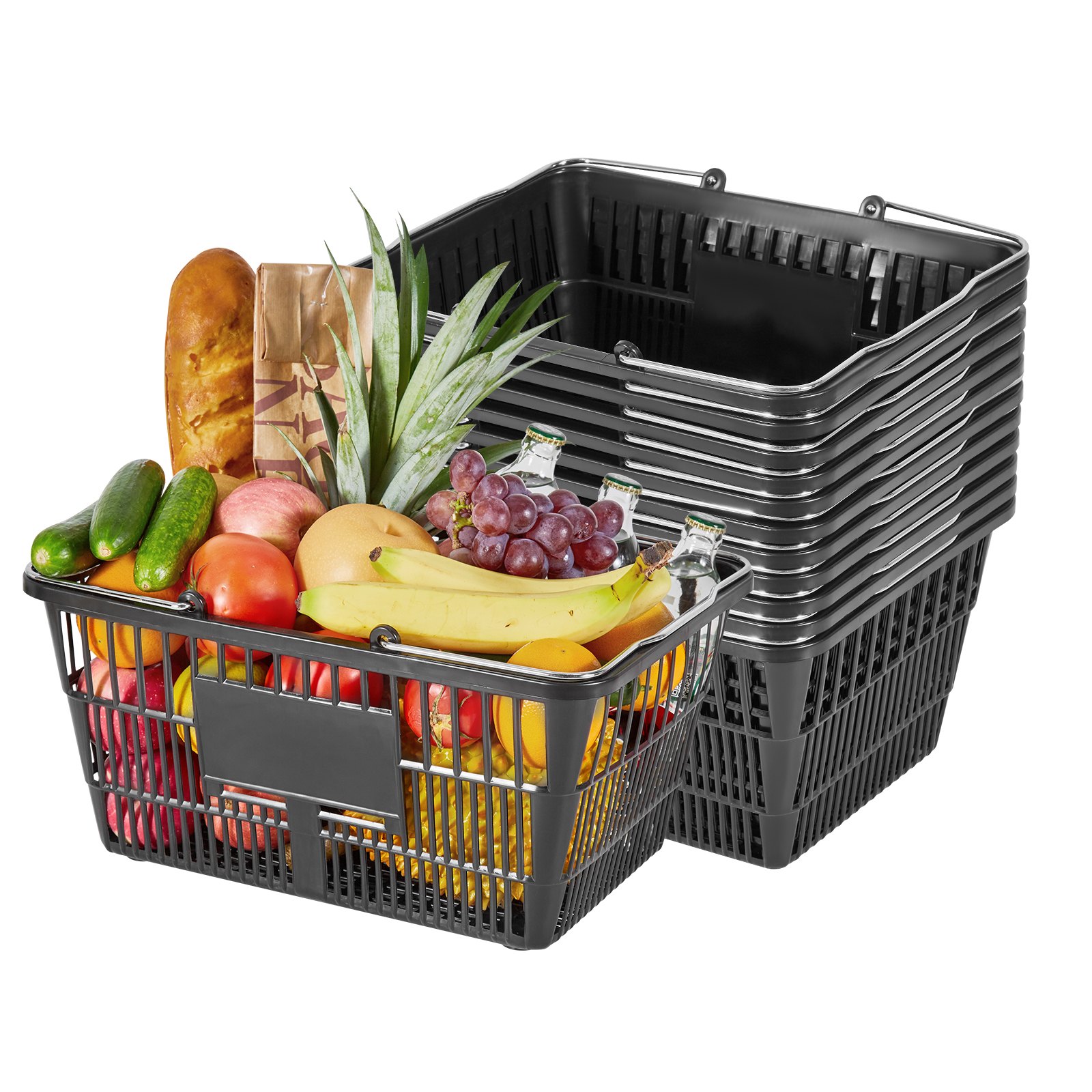 VEVOR Shopping Baskets, 12 PCS, 21L Stackable PE Plastic Grocery Baskets with Handles, Dense Mesh Structure, Holds up to 9.07kg, Portable for Grocery, Retail, Stores, Supermarket, Home Use, Black