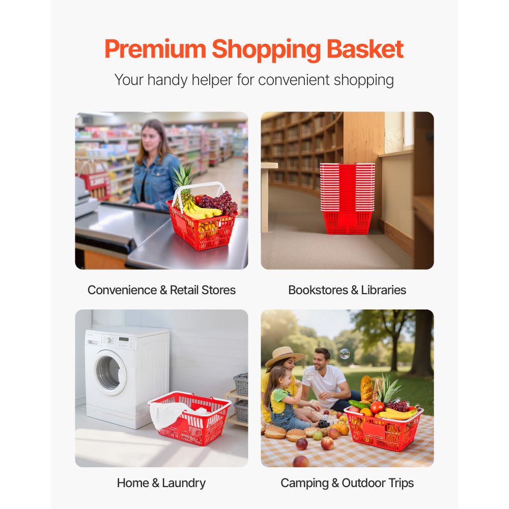 VEVOR Shopping Baskets, 20 PCS, 21L Stackable PE Plastic Grocery Baskets with Handles, Dense Mesh Structure, Holds up to 9.07kg, Portable for Grocery, Retail, Stores, Supermarket, Home Use, Red