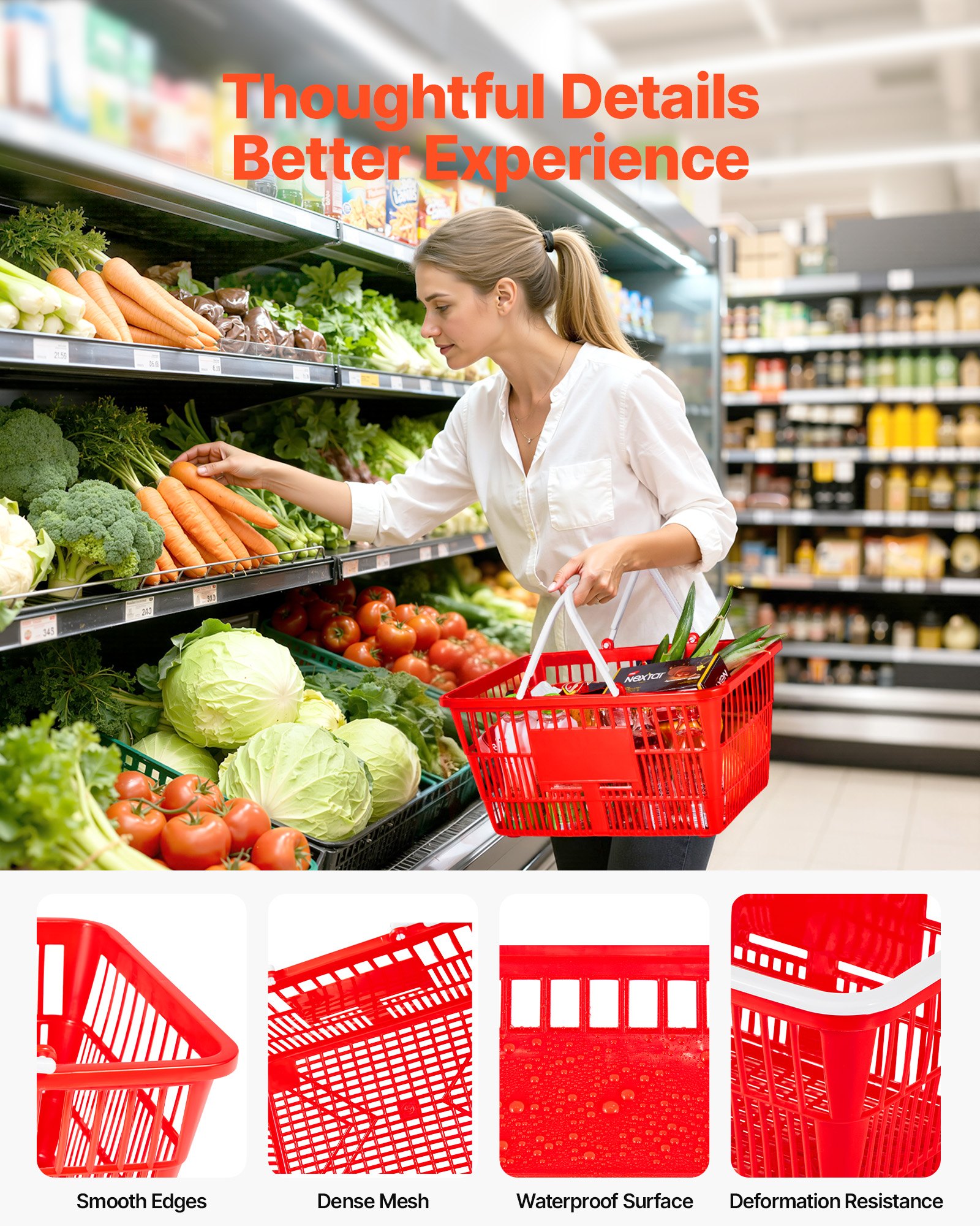 VEVOR Shopping Baskets, 20 PCS, 21L Stackable PE Plastic Grocery Baskets with Handles, Dense Mesh Structure, Holds up to 9.07kg, Portable for Grocery, Retail, Stores, Supermarket, Home Use, Red