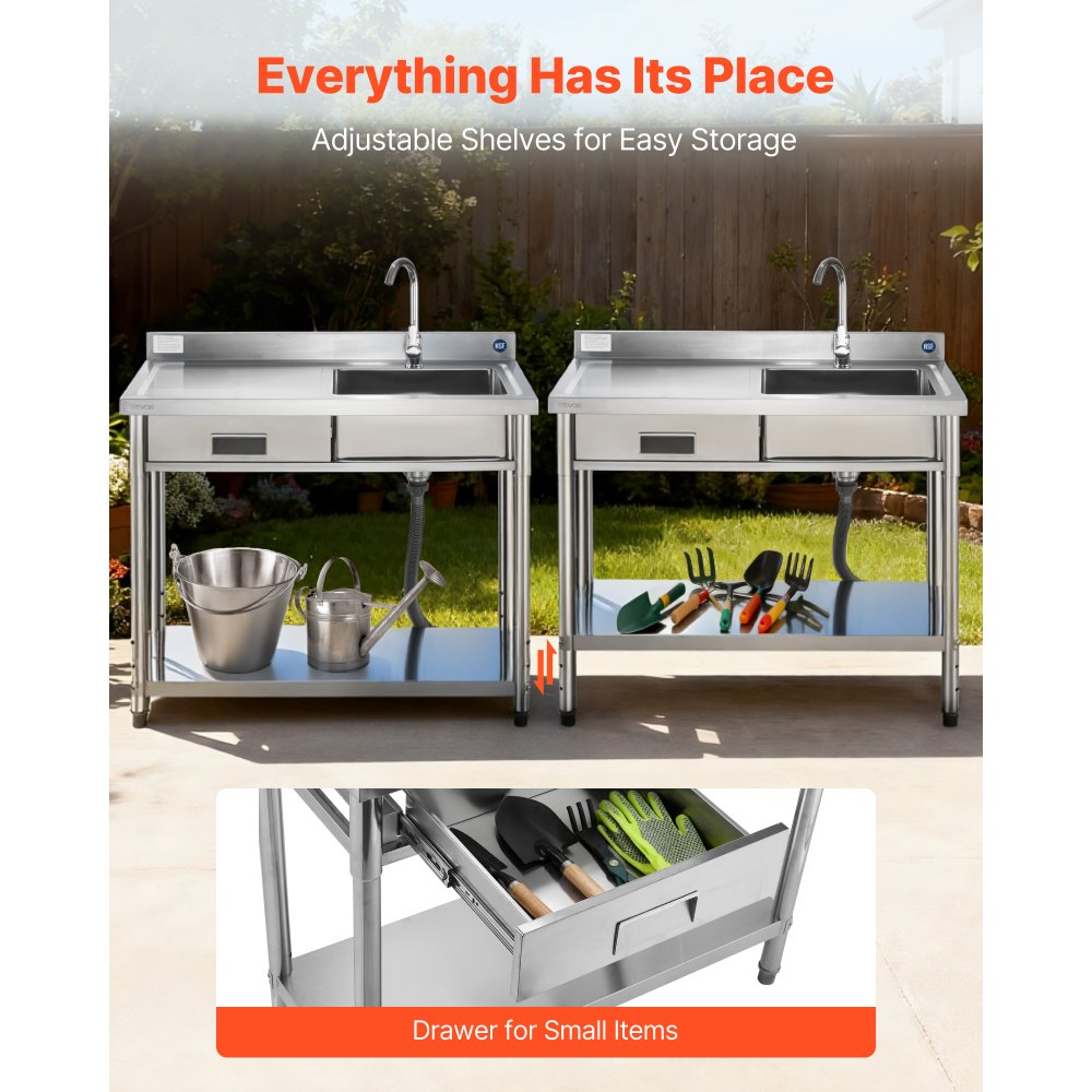 VEVOR Stainless Steel Utility Sink, Free Standing Single Bowl Commercial Kitchen Sink with Drawer, Faucet and Hot & Cold Water Pipe, Utility Basin for Garage Restaurant Laundry, 39.4 x 19.7 x 37 in
