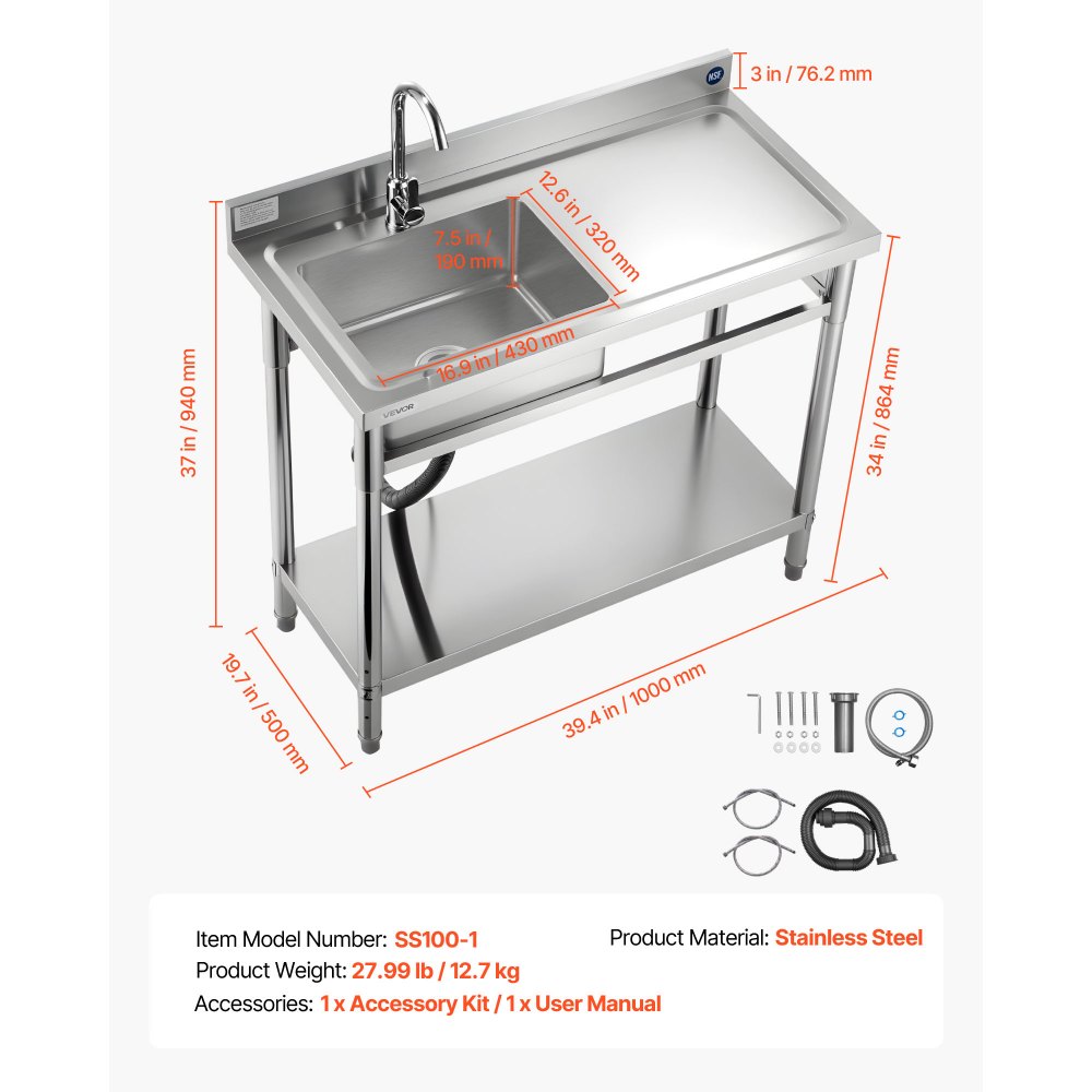 VEVOR Stainless Steel Utility Sink, Free Standing Single Bowl Commercial Kitchen Sink with Faucet, 39.4 x 19.7 x 37 in, Utility Right Basin with Hot & Cold Water Pipe for Garage, Restaurant, Laundry