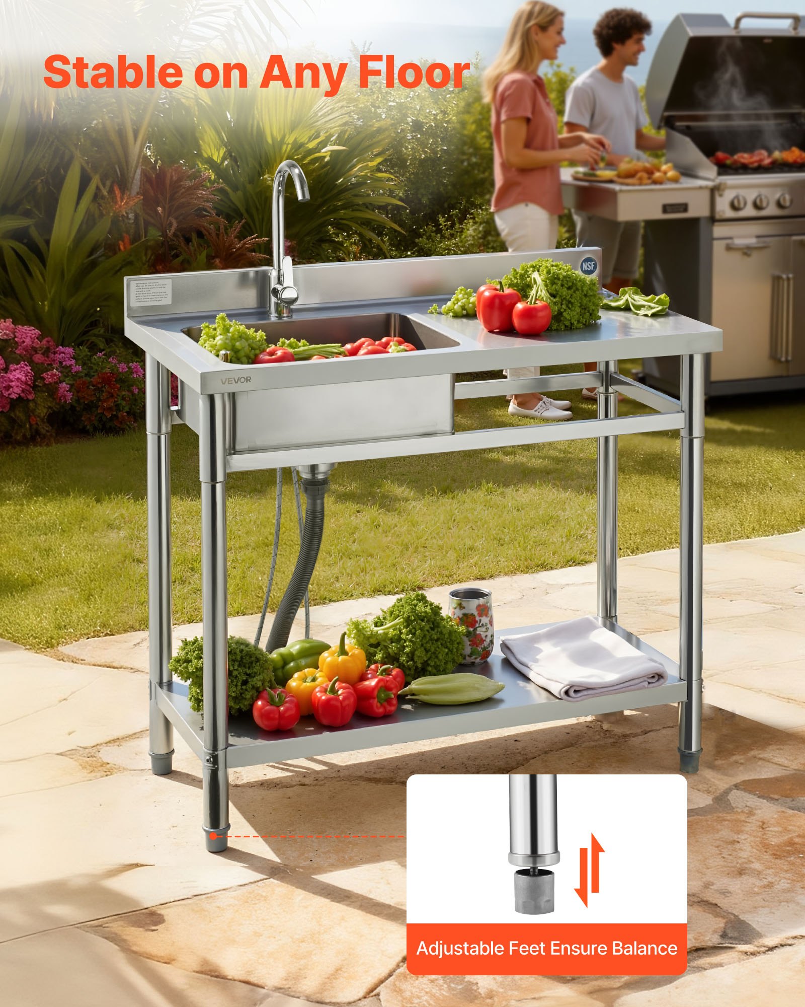 VEVOR Stainless Steel Utility Sink, Free Standing Single Bowl Commercial Kitchen Sink with Faucet, 1000 x 500 x 940 mm, Utility Right Basin with Hot & Cold Water Pipe for Garage, Restaurant, Laundry