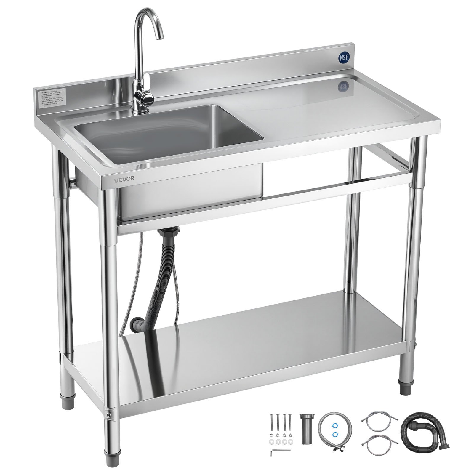VEVOR Stainless Steel Utility Sink, Free Standing Single Bowl Commercial Kitchen Sink with Faucet, 1000 x 500 x 940 mm, Utility Right Basin with Hot & Cold Water Pipe for Garage, Restaurant, Laundry